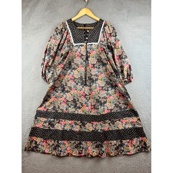 Dresses & Skirts - Vintage 70s Floral Paisley Print Lace Up Midi Dress Multi Puff Sleeve 10